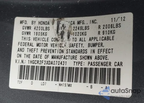 2013 Honda Accord Lx из США, поврежденный, VIN 1HGCR2F3XDA070431